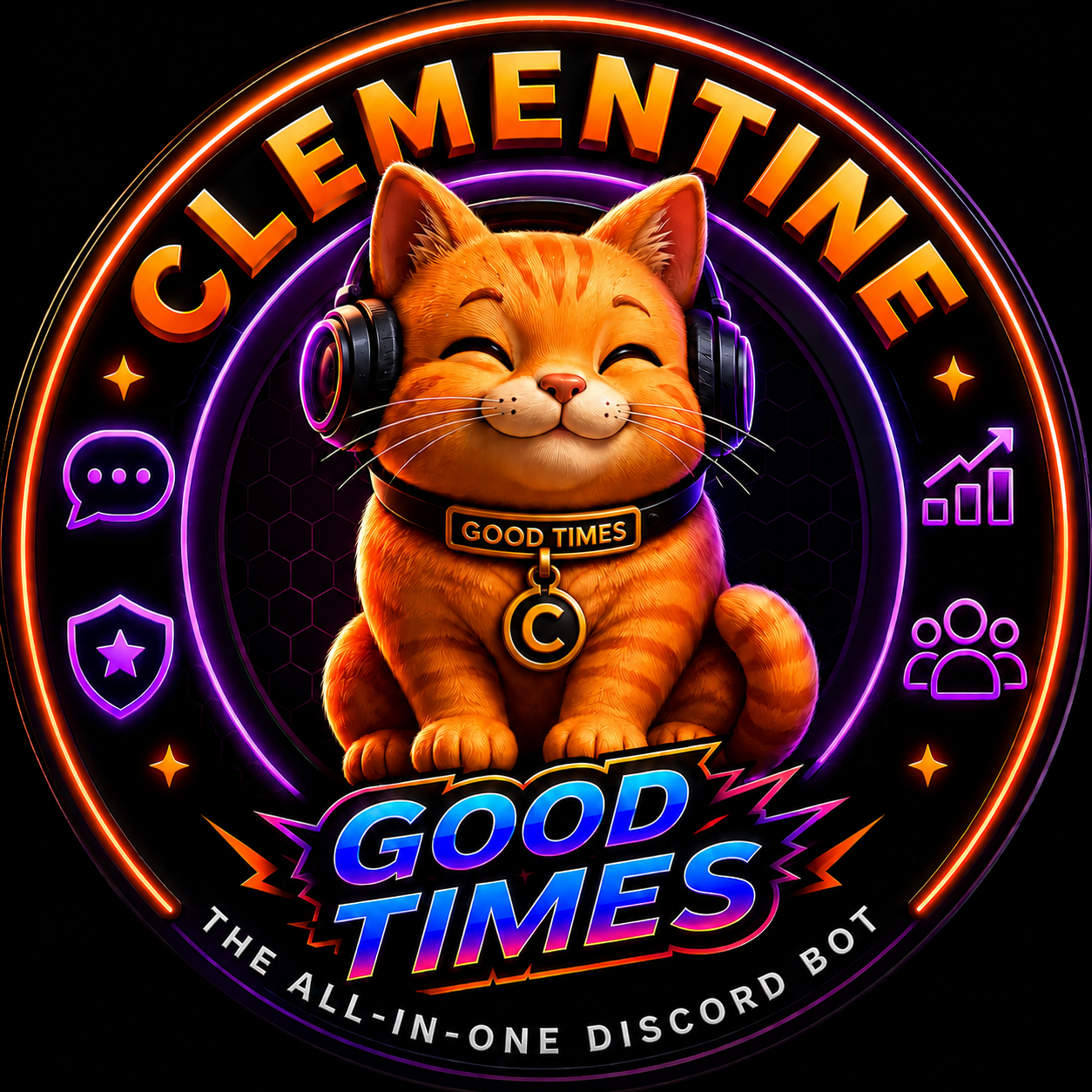 Clementine, the Good Times cat, an orange tabby in headphones ringed in neon